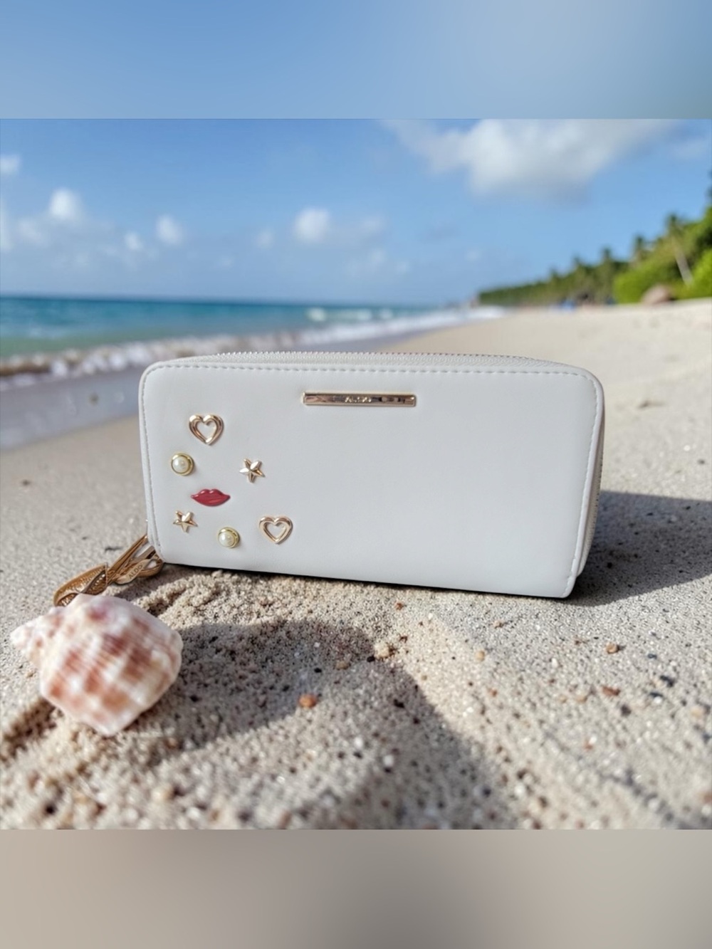 Aldo White Zip Wallet with Gold Charms